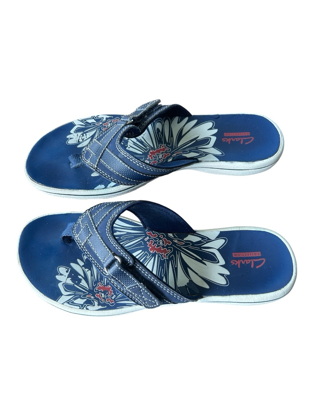Clarks Cloudsteppers Breeze Sea Flip Flops Navy Blue Floral Print Womens Medium - Picture 6 of 11